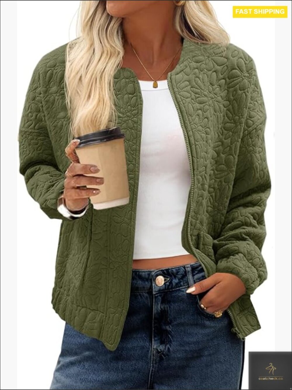 Lightweight Jacquard Bomber Jacket Zip Up Varsity Style Fall Casual